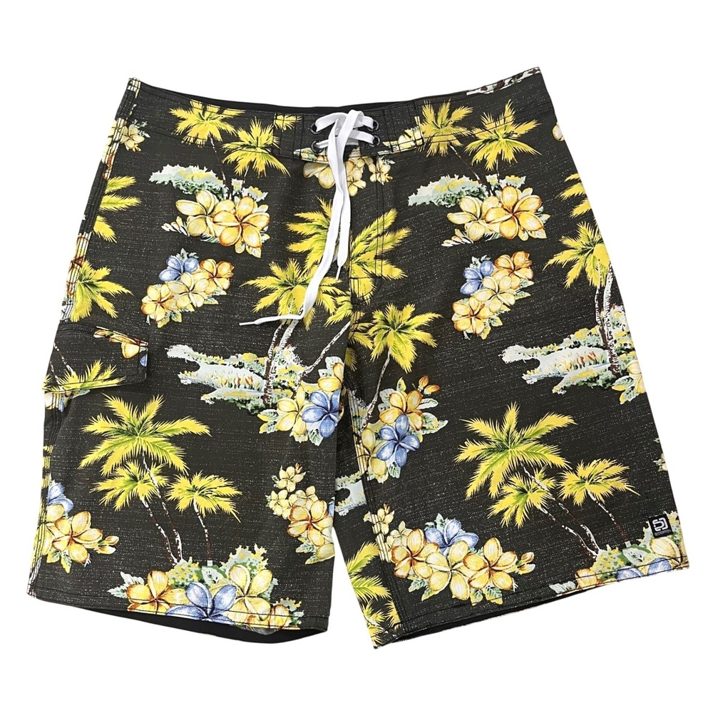 Distortion Mens Board Shorts‎ Size 34 Black Floral Palm Tree Print Surf Swimwear
